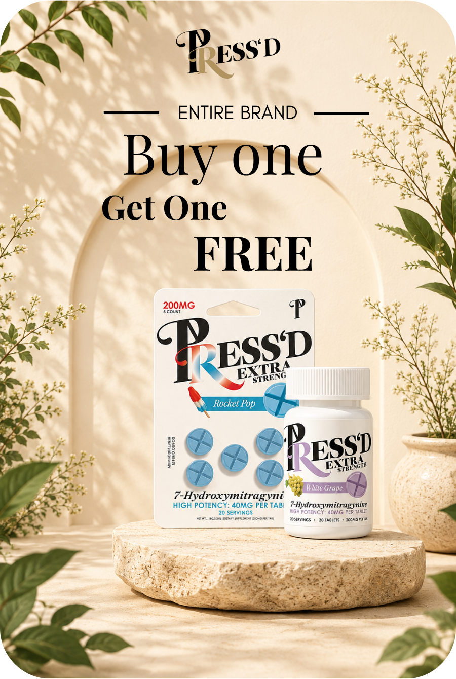 Pressed brand promotion: Buy one, get one free, featuring products on a decorative background.
