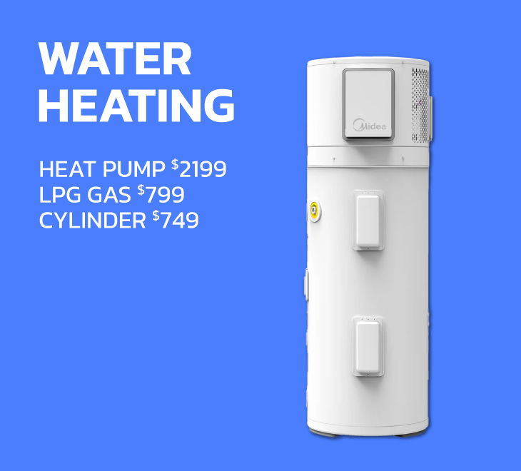 Water heating products with prices for heat pump, LPG gas, and cylinder.