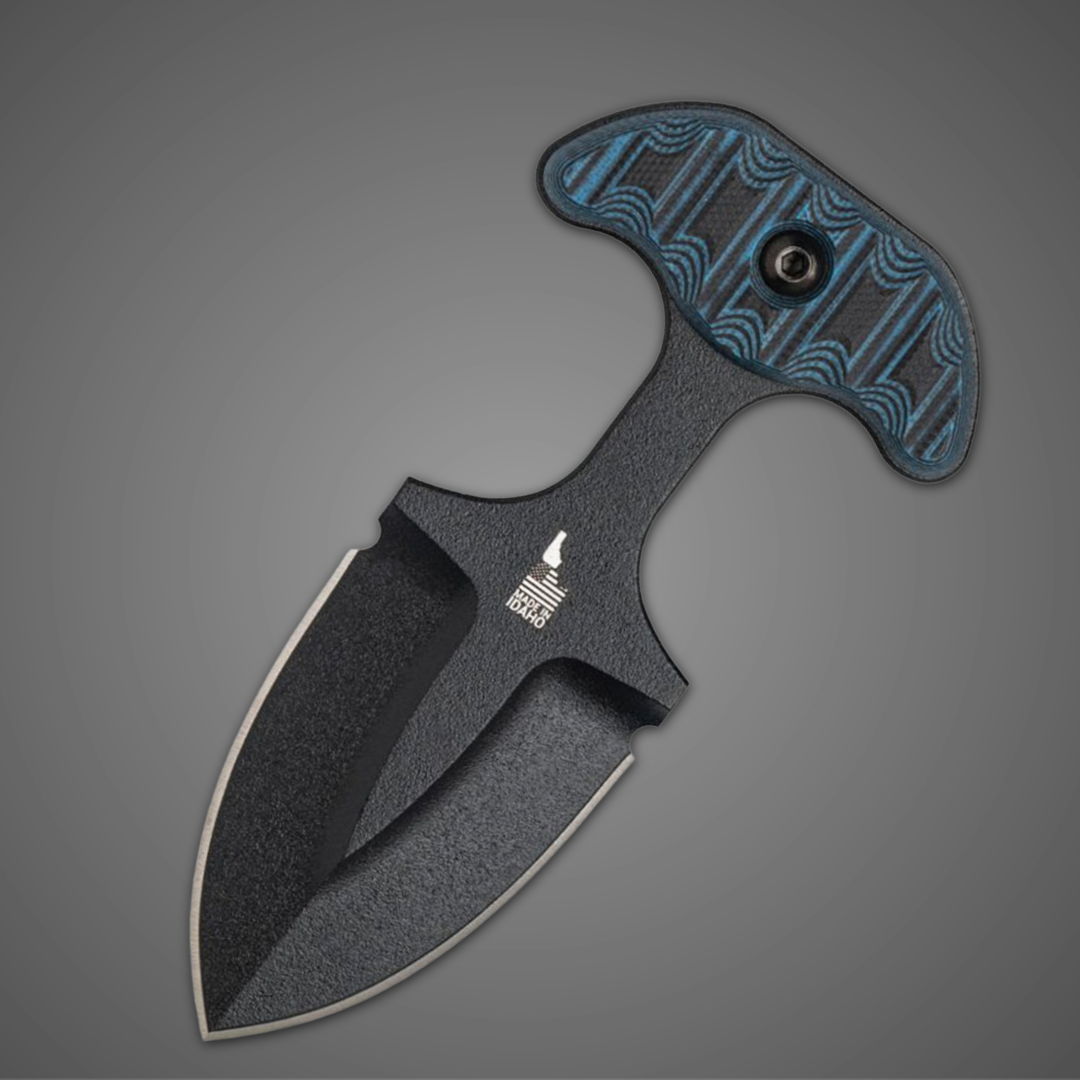 Black knife with a blue patterned handle on a gray background.