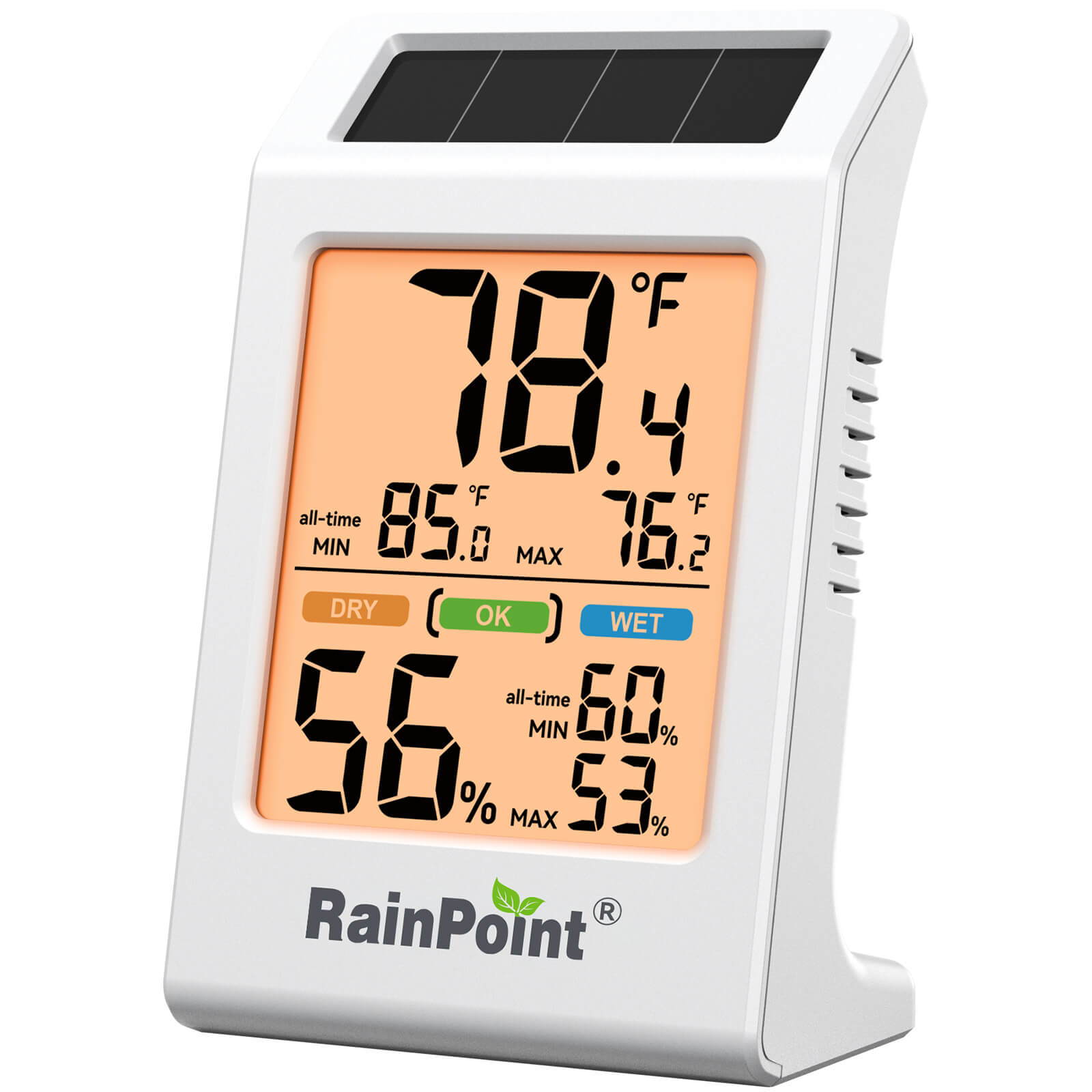 Digital temperature and humidity monitor with solar panel display.