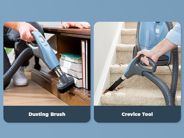 Dusting brush and crevice tool for vacuuming different areas.