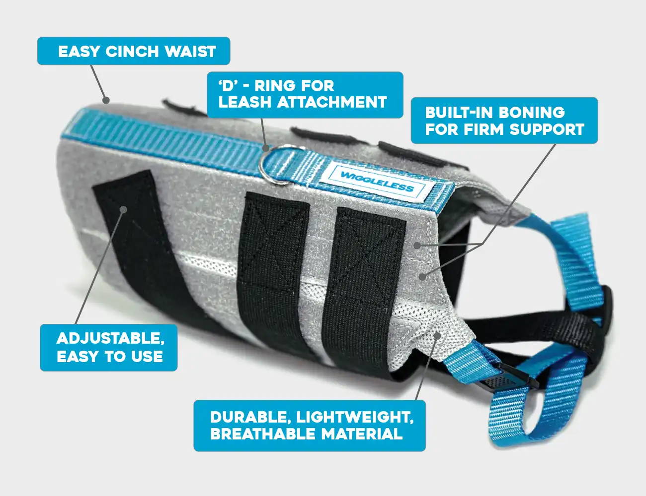 Infographic showing WiggleLess dog back brace unique features