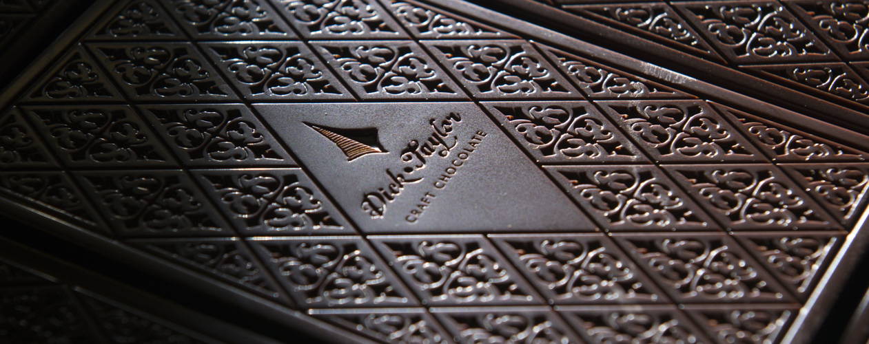A closeup of Dick Taylor chocolate bar with the argyle pattern