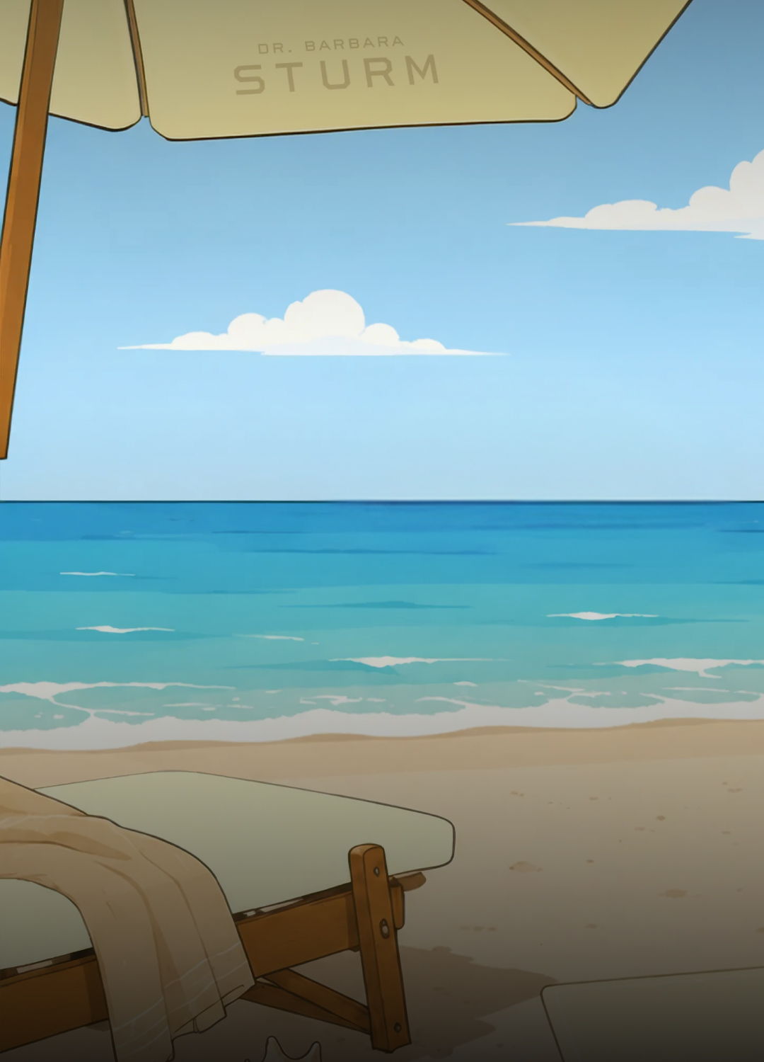 Beach scene with an umbrella, lounge chair, and calm ocean waves.
