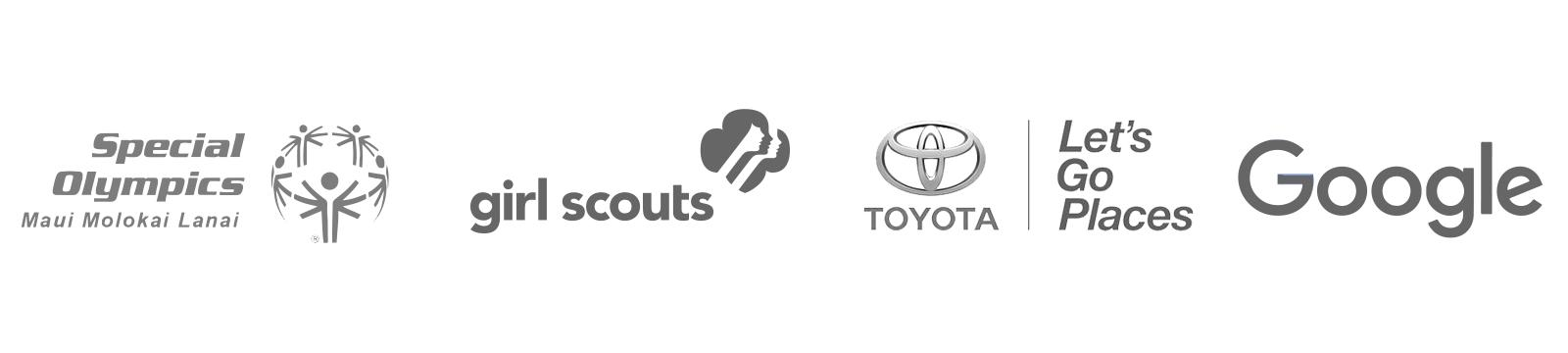 Special olympics, girl scouts, toyota, google. 