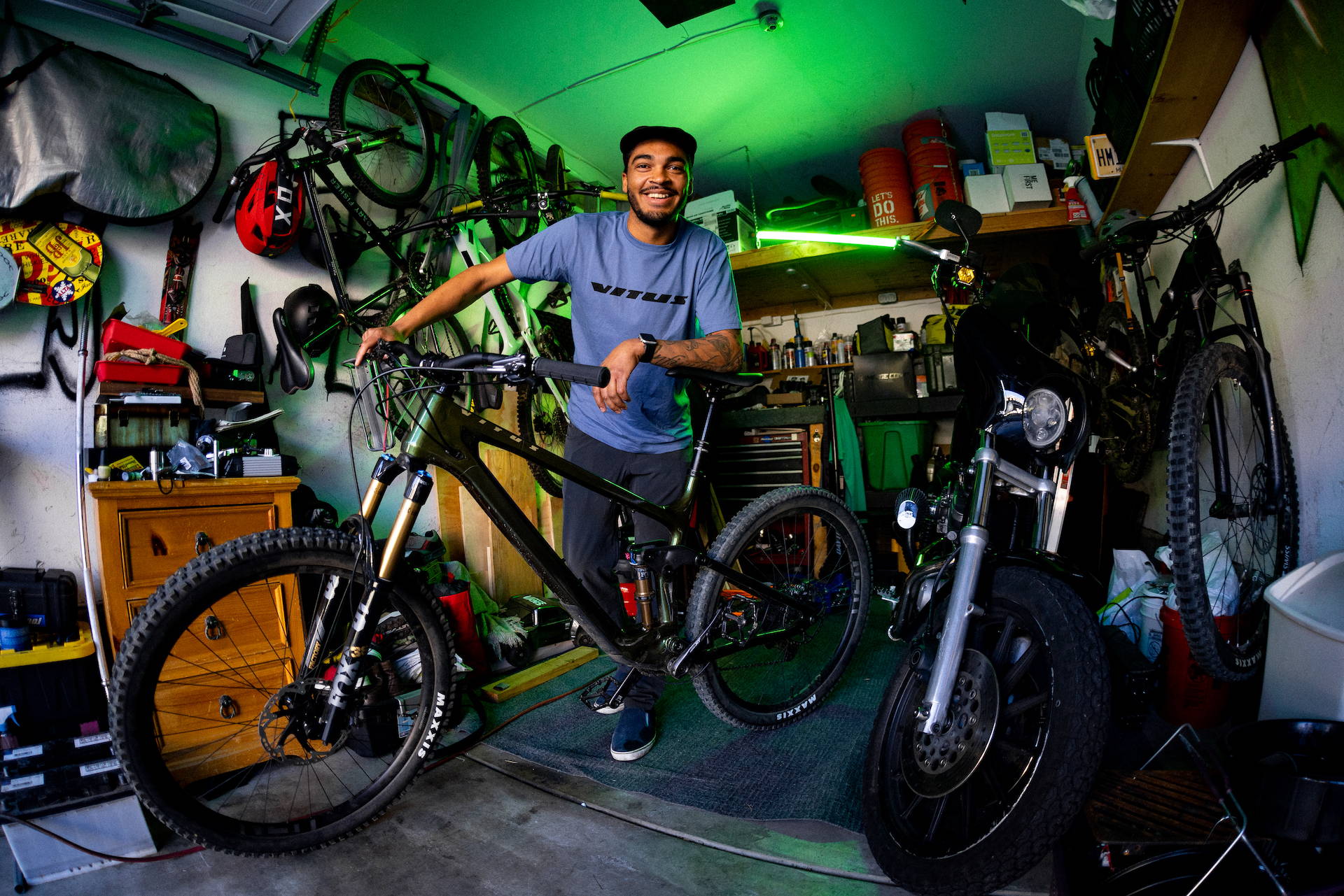 Vitus Real Rider Sami Gowdy with his collection of bikes.