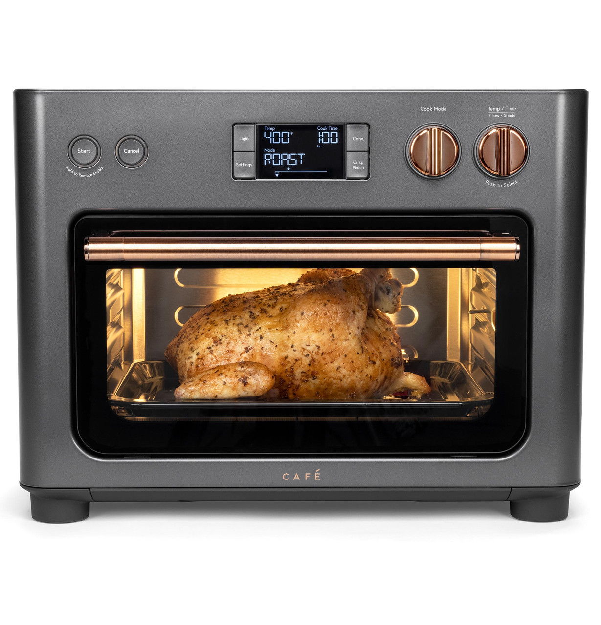 Matte Black Couture Toaster Oven with Airfry and a roasted chicken inside.