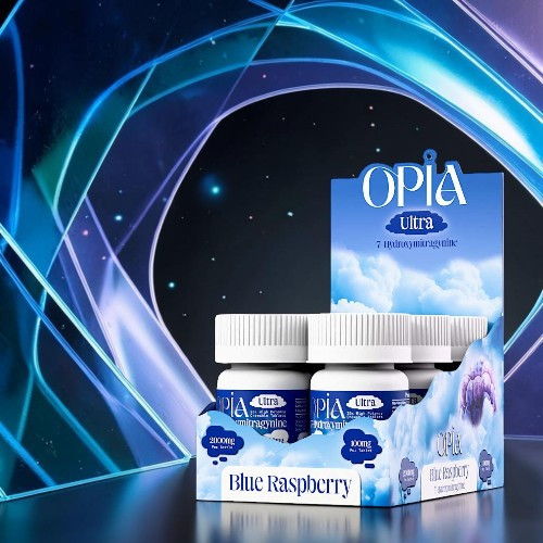 Packaging of Opia Ultra dietary supplement in blue raspberry flavor.