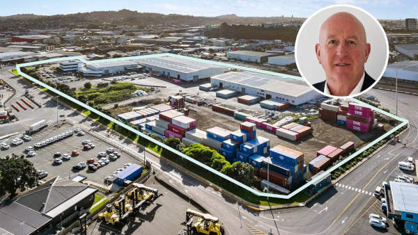 Aerial view of a property with colorful containers and a circular inset of a man.