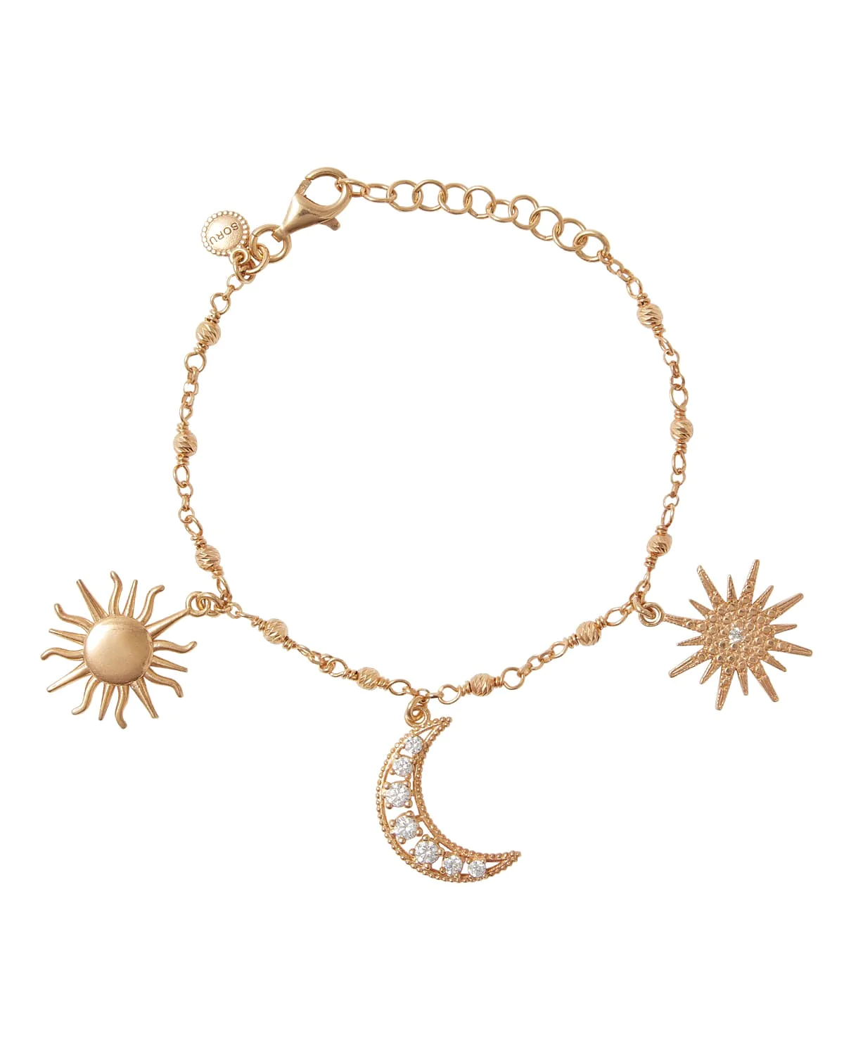 Soru Jewellery Celestial Charm bracelet, beaded chain bracelet featuring 3 fixed charms24ct gold plated solid silver and Swarovski crystals