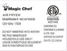 Rating Label on bottom of recalled Magic Chef Air Fryer MCAF56DB