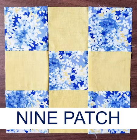 nine patch quilt block with yellow and blue fabrics