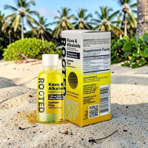 Bottle and box of Kava & Alkaline supplement on a beach.