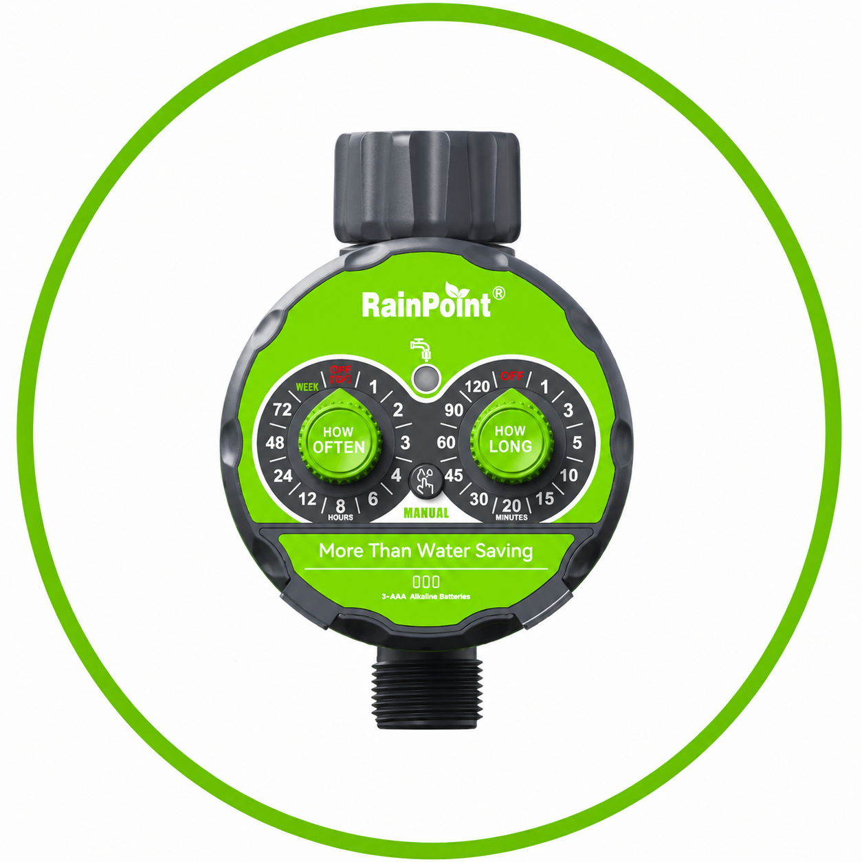 RainPoint hose timer with dual dial display and adjustable settings.