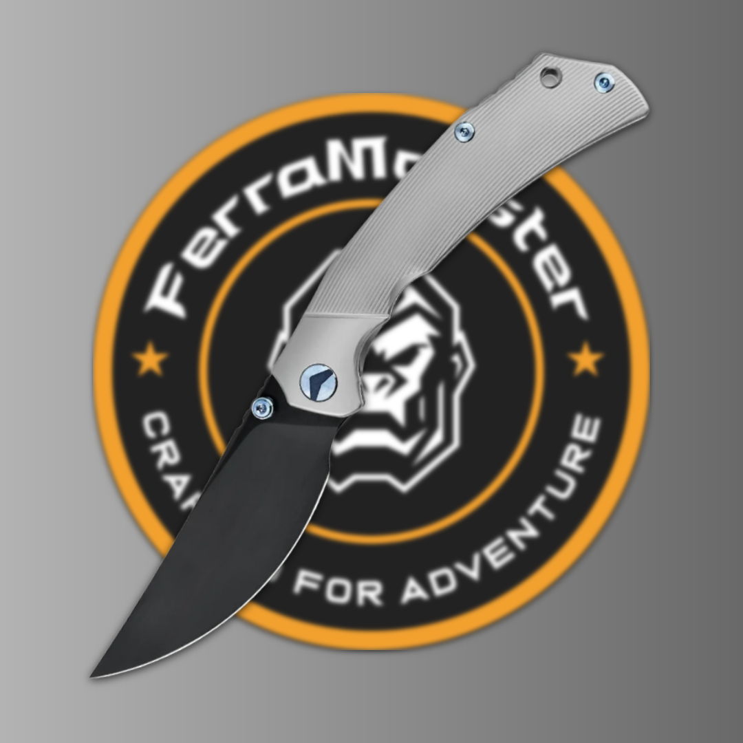 Folding knife with a silver handle over a circular logo background.
