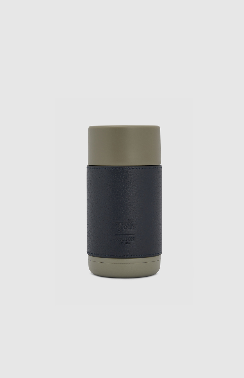 A stylish insulated tumbler with a dark blue and olive green design.