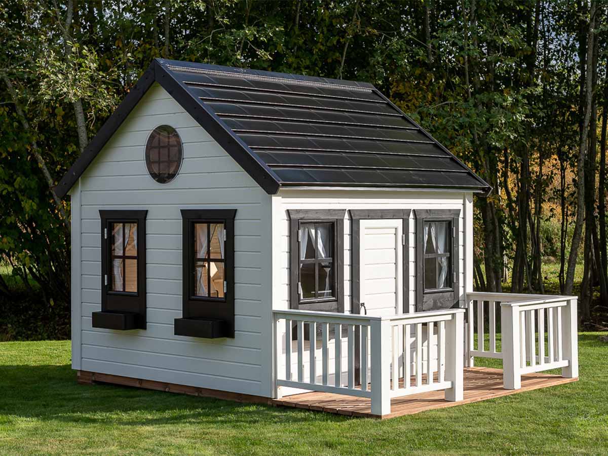 White Wooden Playhouse with black roof and flower boxes by WholeWoodPlayhouses