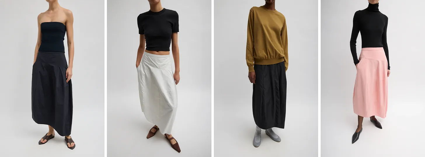 Four models showcasing various outfits, including skirts and tops in different colors.