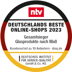 NTV-Siegel für Deutschlands beste Online-Shops 2023 mit Glas Star auf Platz 1 für Glasprodukte nach Maß