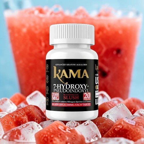 Bottle of Kama supplement on ice with a pink beverage background.