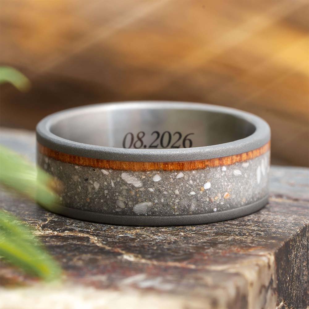 Titanium ring with cremated ashes and wood with engraving