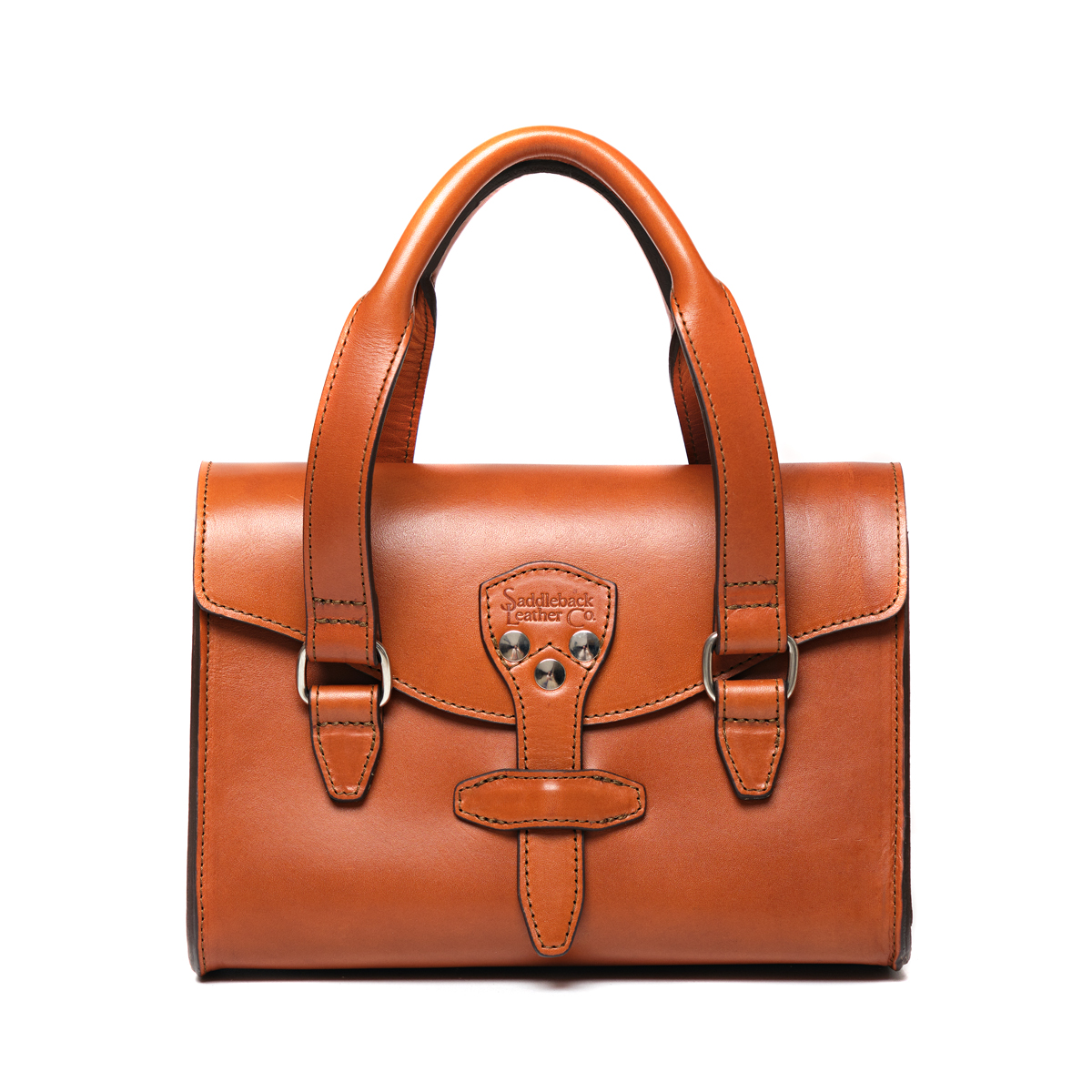 A stylish brown leather handbag with two handles and a clasp.