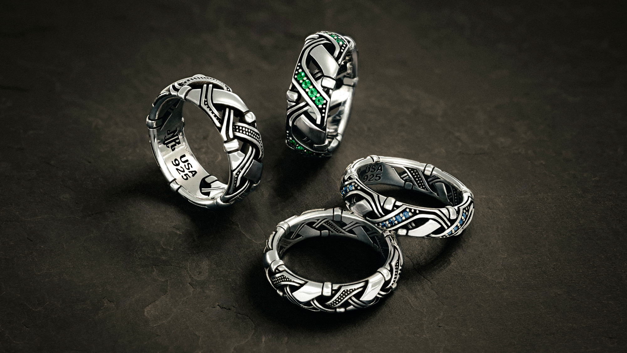 Valhalla Band - Shown in 6.5mm and 8.5mm Sterling Silver variants, with and without gemstones