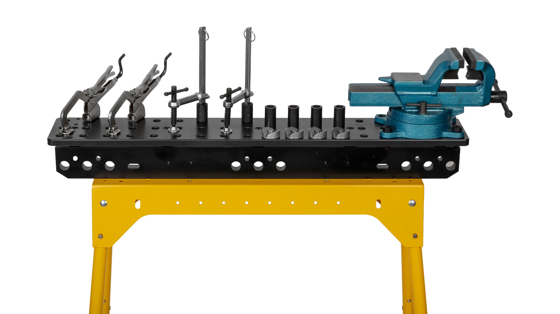 Workbench with tools and accessories displayed above it.