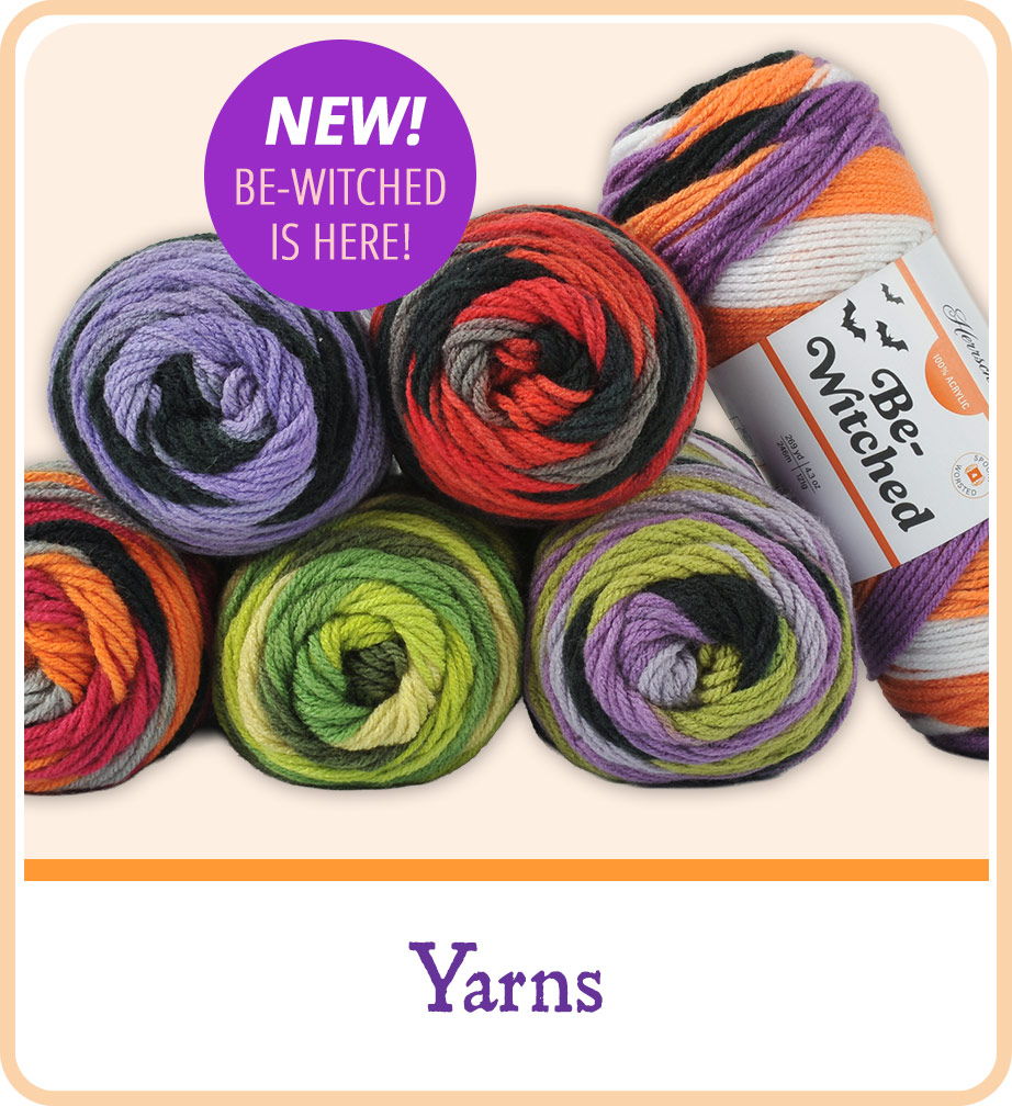 Colorful yarns in various shades, labeled 