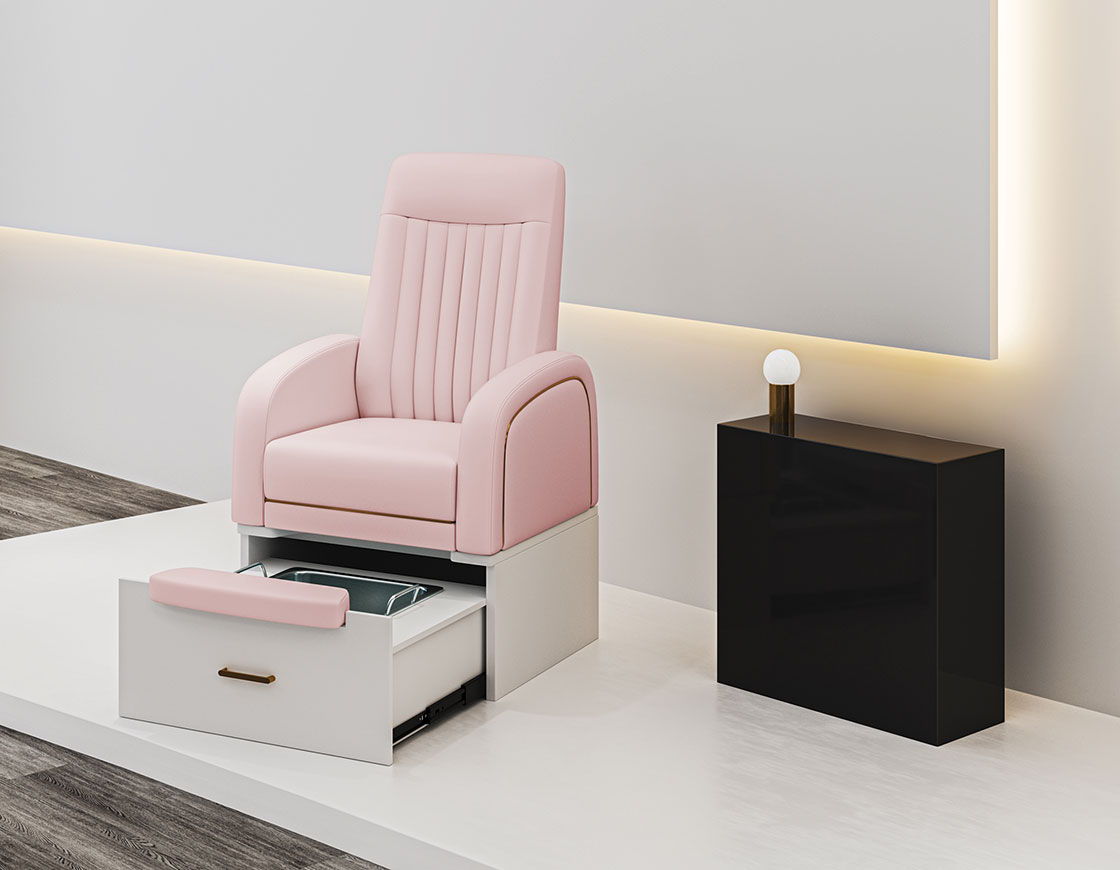 A modern pink chair beside a black side table with a lamp.