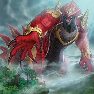 Giant red dinosaur-like monster emerging from mist