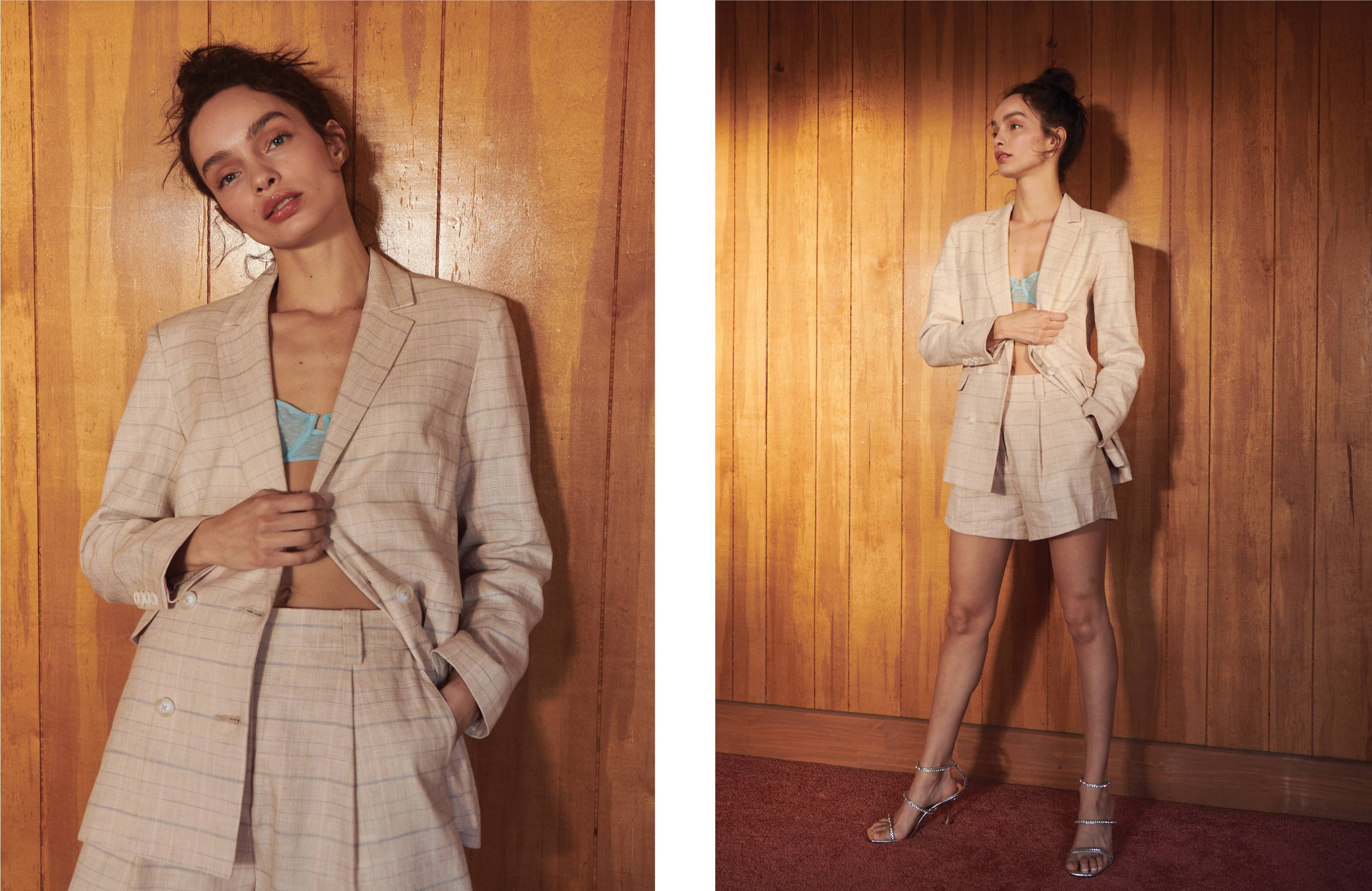 Model in front of panel wall wearing Jac jacket and Ilena short in Sand Check