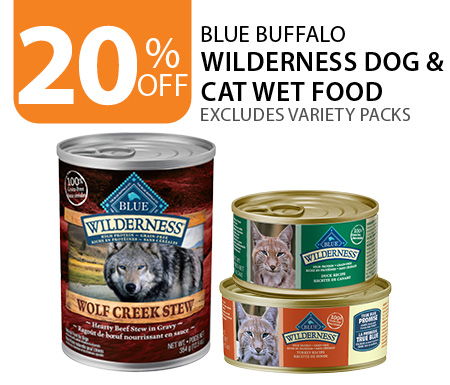 20% off BLUE Buffalo Wilderness Dog & Cat Wet Food. Excludes variety packs.