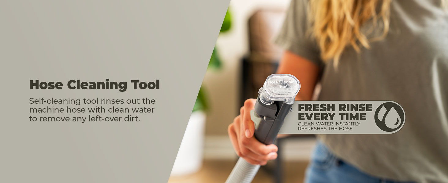 Close-up image of included hose cleaning tool. Fresh rinse every time.