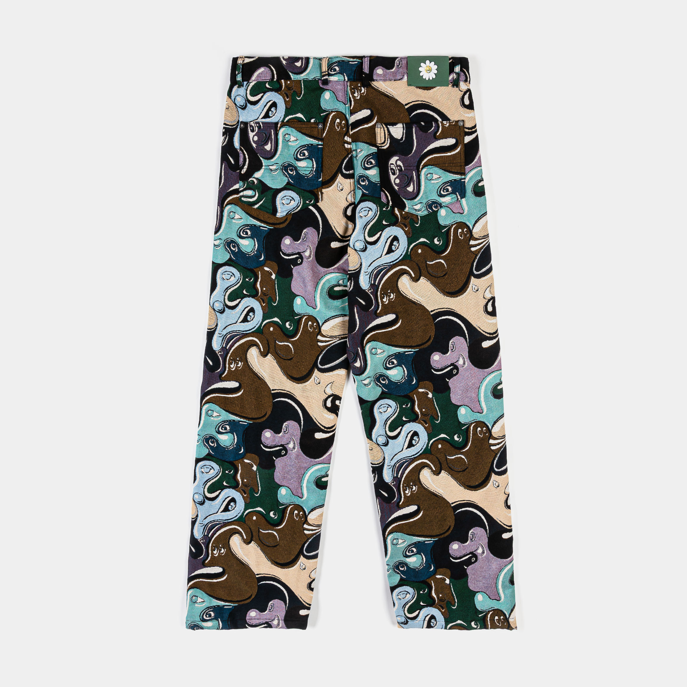 Colorful patterned trousers with abstract shapes in various shades.
