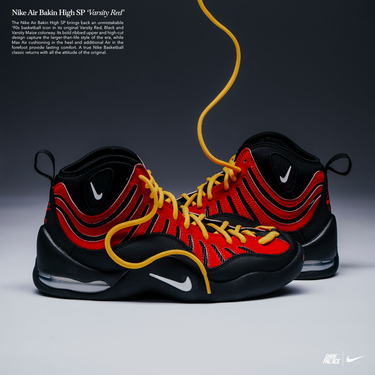 Nike Air Foamposite sneakers in black and red with yellow laces.