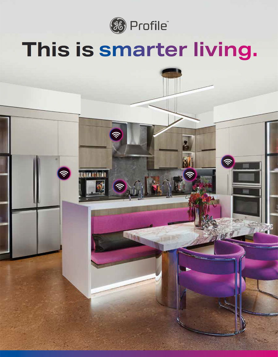 Modern kitchen featuring stylish furniture and appliances, with text promoting smarter living.