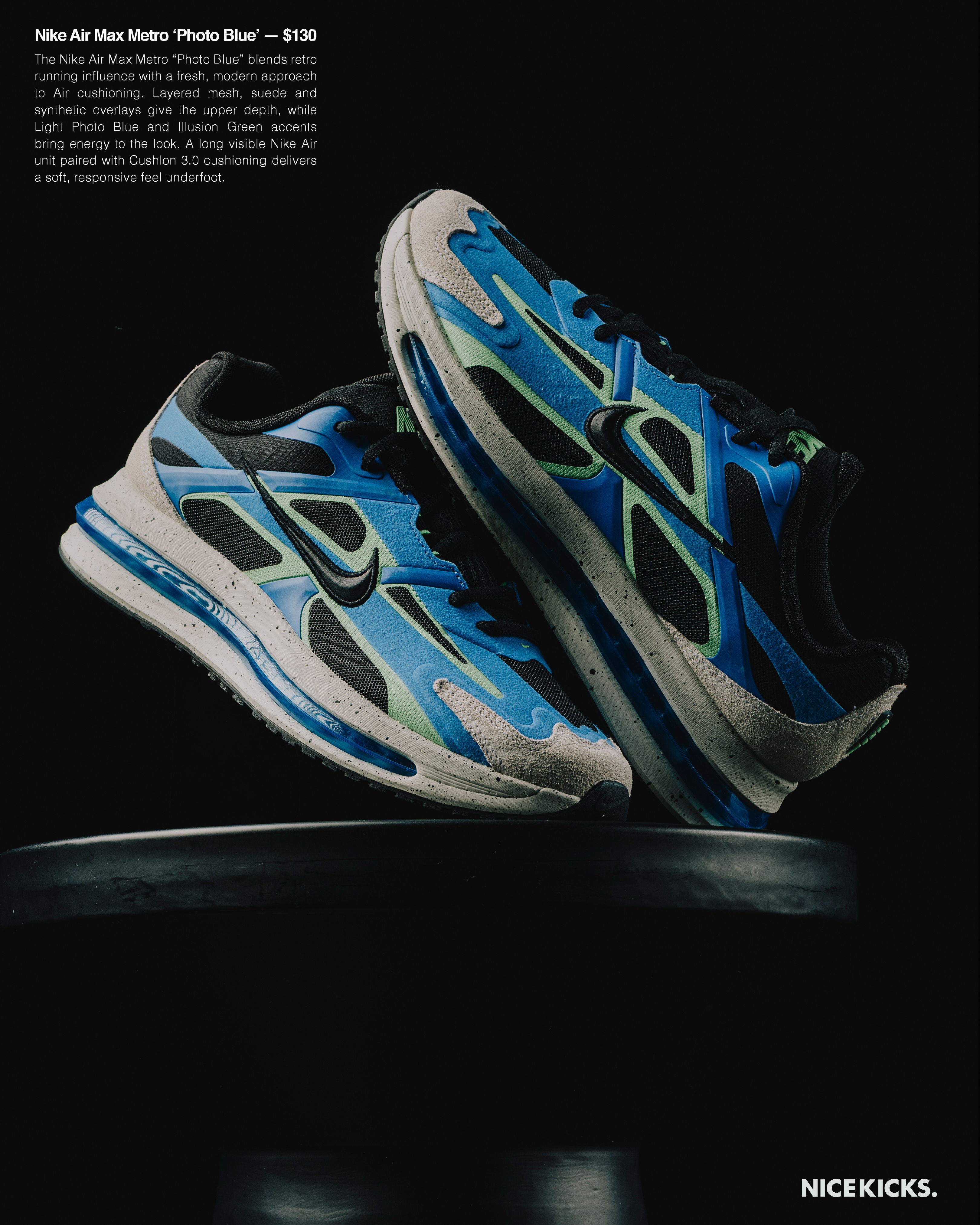Blue and gray athletic shoes displayed against a dark background.