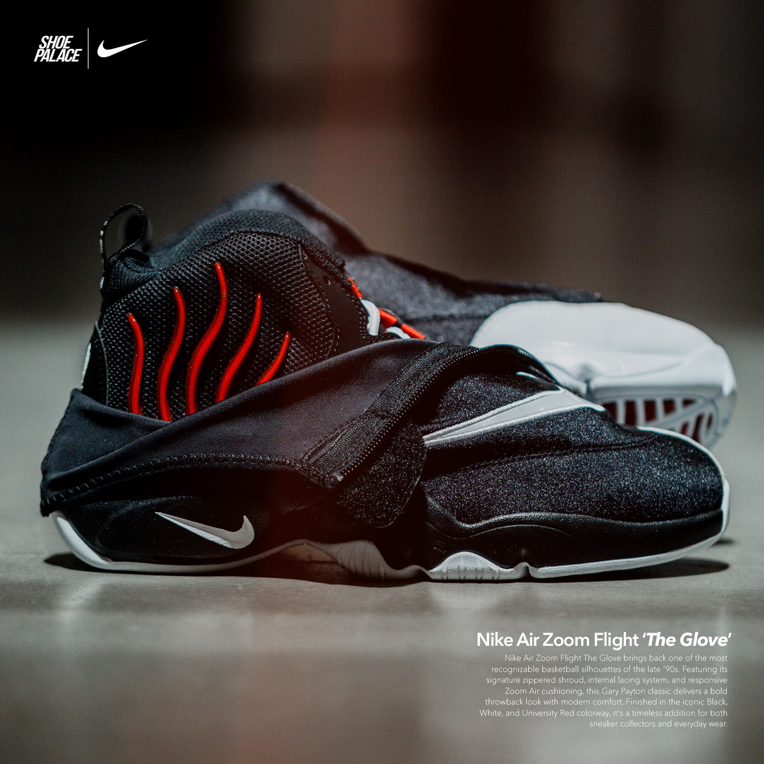 Nike sneakers displayed with black and red design elements.