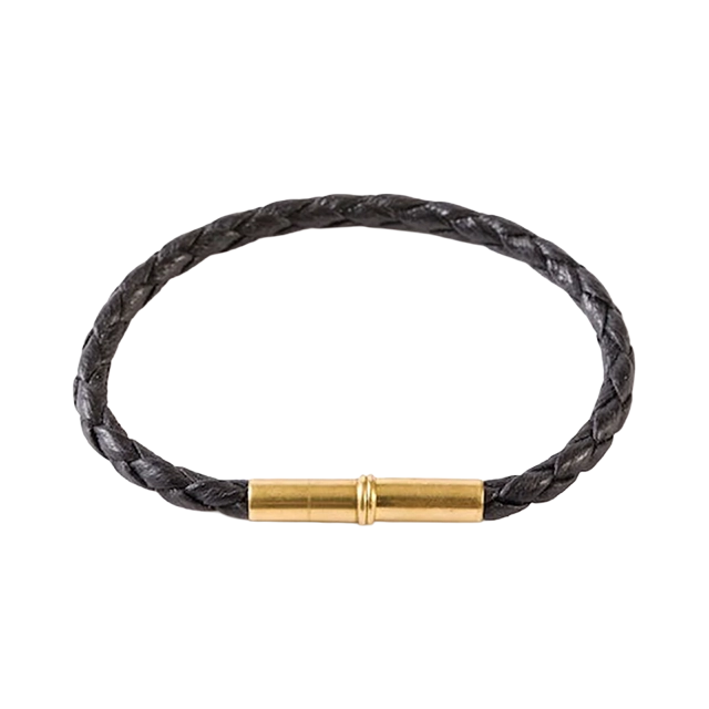 Black braided bracelet with a gold clasp.