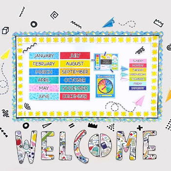 Welcome Classroom Bulletin Board decorated with bright and colorful classroom theme