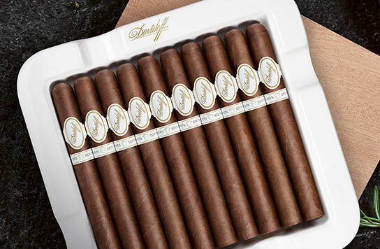 Davidoff Chefs Edition Porzellan-Zigarrenkiste in Form eines grossen Aschenbechers, mit Zigarren gefüllt.