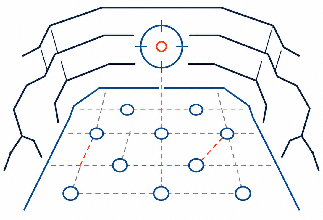 Blast-hole pattern showing inaccurate drilling positions in an open-pit mine