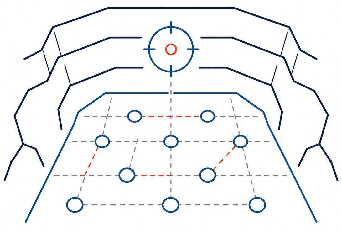 Blast-hole pattern showing inaccurate drilling positions in an open-pit mine