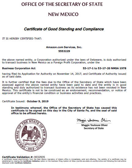 new mexico certificate of good standing