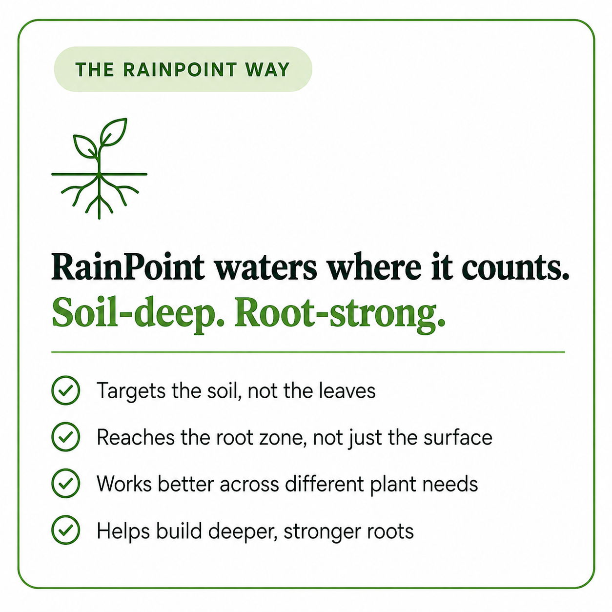 RainPoint watering system benefits and features listed with a plant graphic.