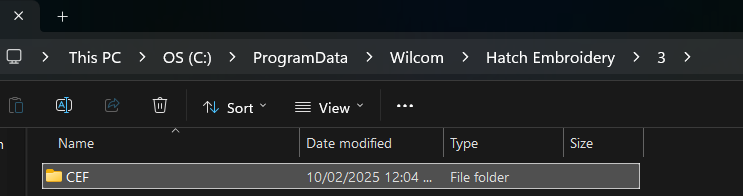 File Explorer showing the Hatch Embroidery 3 CEF folder location