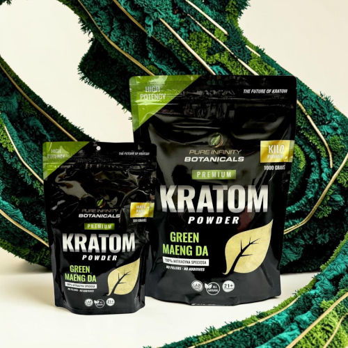 Two packages of kratom powder on a textured green background.