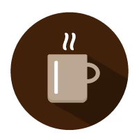 A steaming coffee cup icon on a brown background.