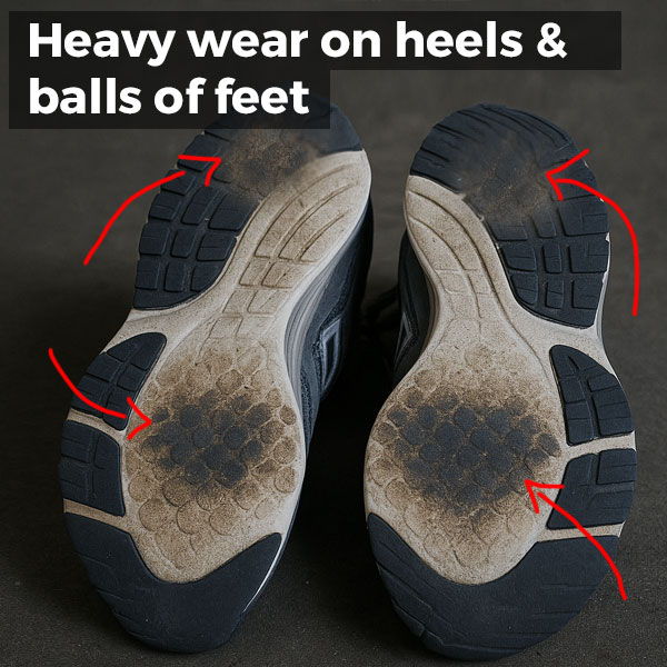 Heavy wear on shoe soles with highlighted areas.